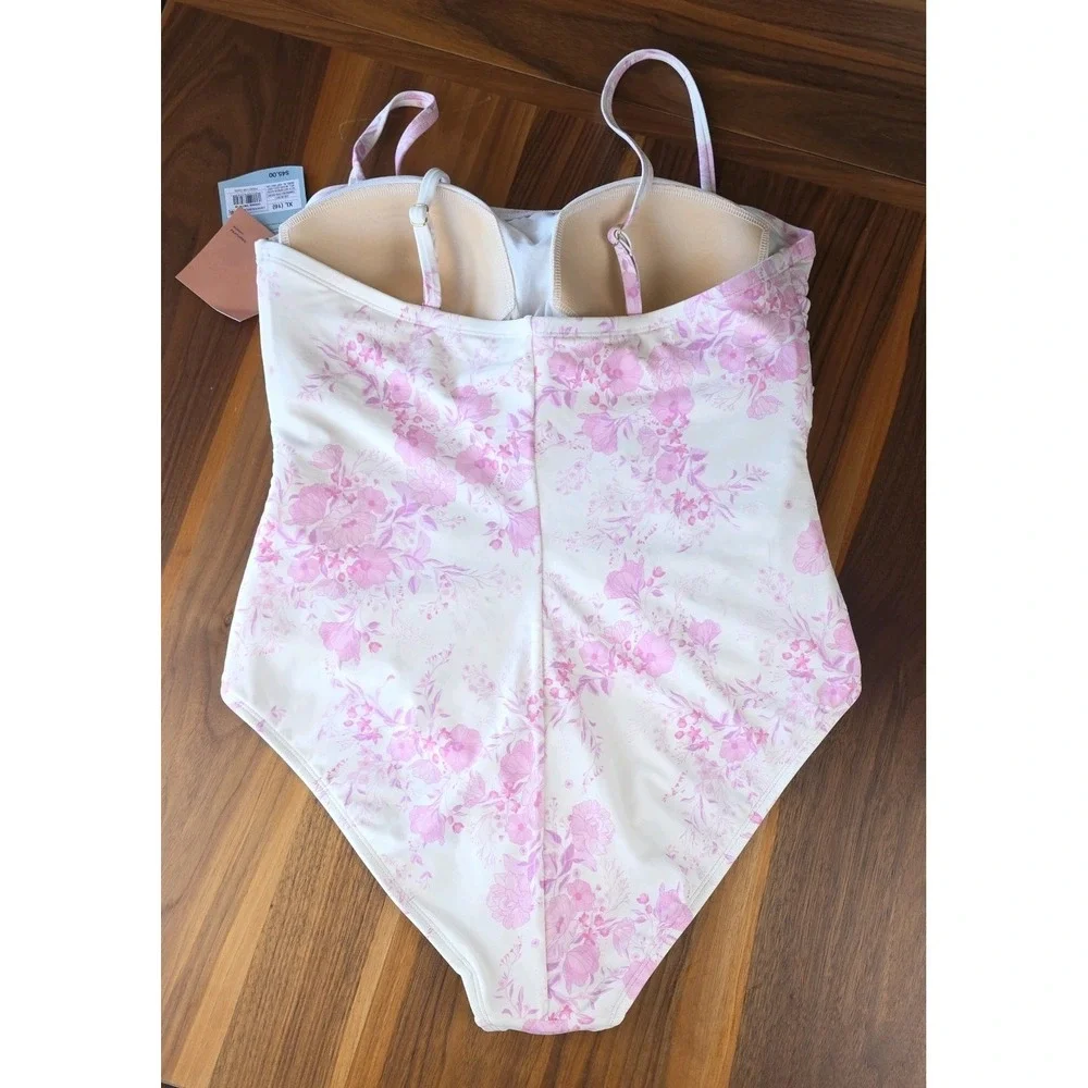 Shade & Shore One Piece Swimsuit Women XL Pink Floral Ruched Toile Strappy (359)